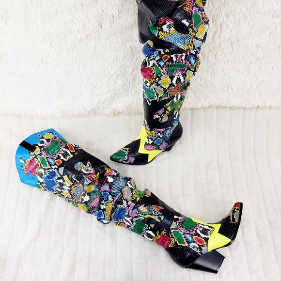 Kelsey / Hilda Western Thigh high slouch cowboy boots Multi Color Snake - Picture 8 of 12